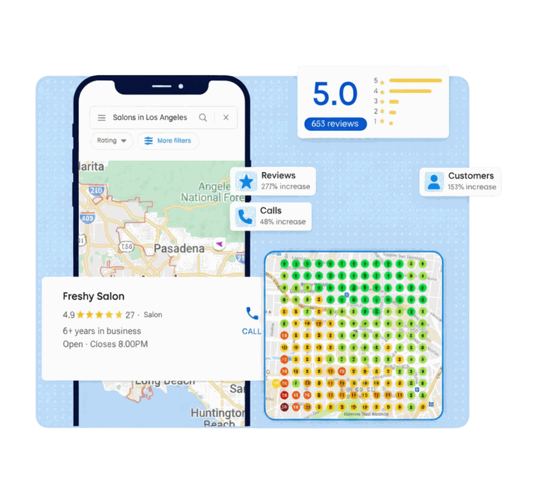 A phone showing a business on Google Maps with a 4.9 star rating, surrounded by cards showing a 5.0 review score and a local map ranking grid.